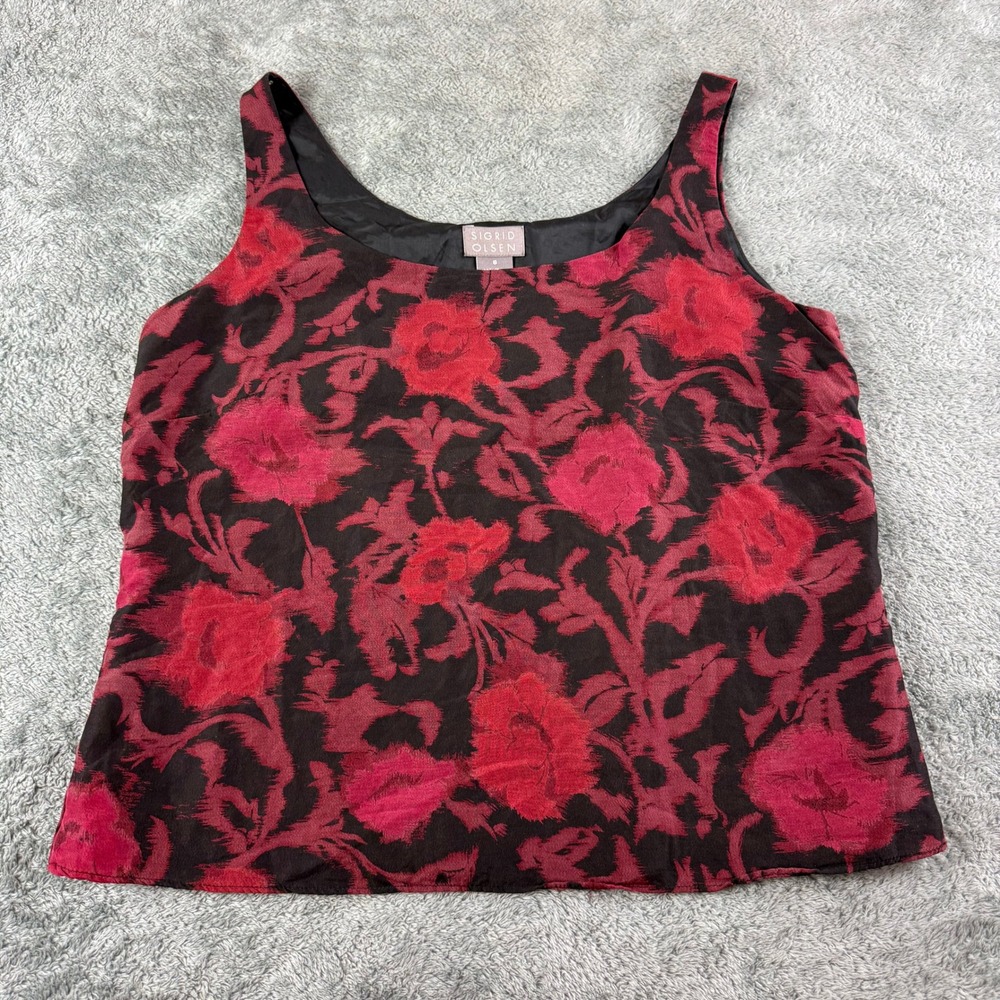 Vintage Y2k Sigrid Olsen Tank Top 8 Red Floral Silk Wool Jacquard Sleeveless